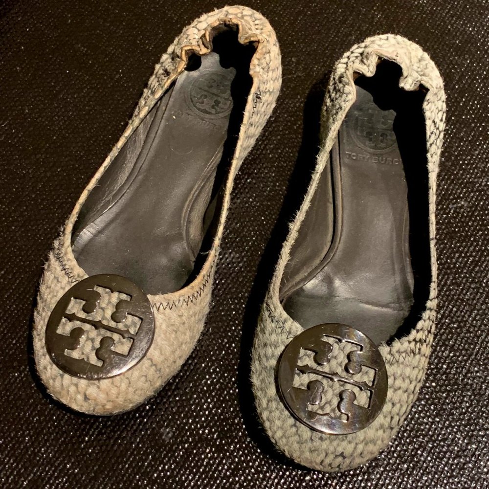 Tory Burch Grey and White Goat Fur Flats, Size 5